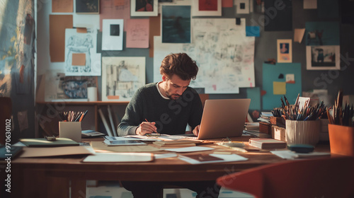 person working in office. A young entrepreneur working in a stylish home studio filled with creative elements like mood boards, colorful artwork, and a desk cluttered with notebooks, a laptop,