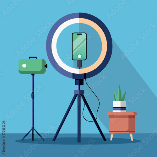 Illustrate a ring light with an integrated phone holder, popular for content creators.