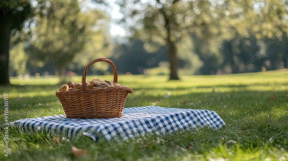 Empty picnic basket and a checkered tablecloth on a serene grassy meadow, perfect for a leisurely outdoor meal Empty picnic basket and a checkered tablecloth on a serene grassy meadow, perfect for a leisurely outdoor meal