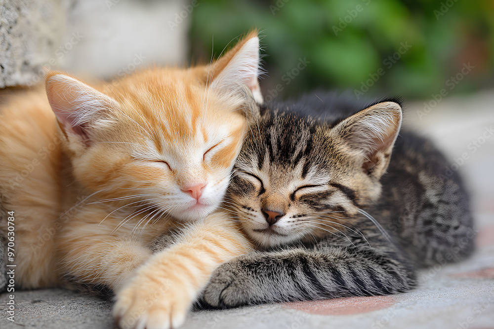 Two adorable kittens sleeping peacefully together in a cozy position. Two adorable kittens sleeping peacefully together in a cozy position.