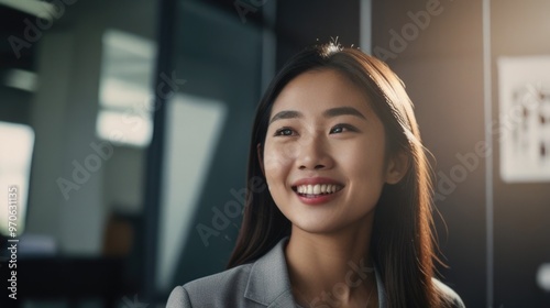 Happy young Asian woman in the office