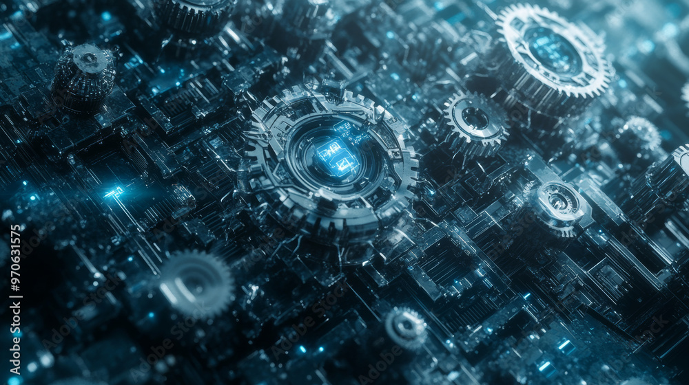 Obraz premium A futuristic background image showing a complex network of gears and technology.