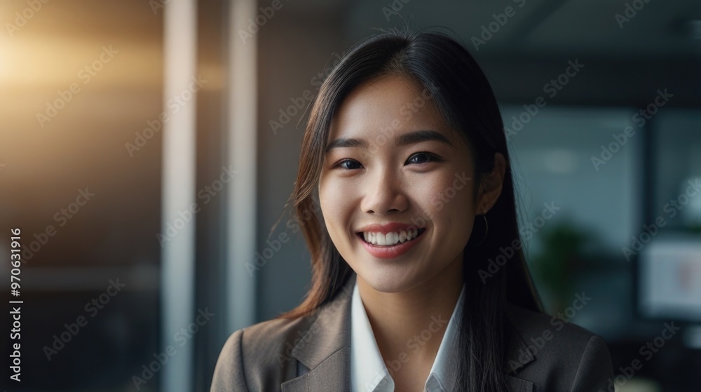 Happy young Asian woman in the office