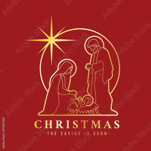 Christmas the savior is born Gold line The Nativity with mary and joseph in a manger with baby Jesus in circle star light on red background vector design