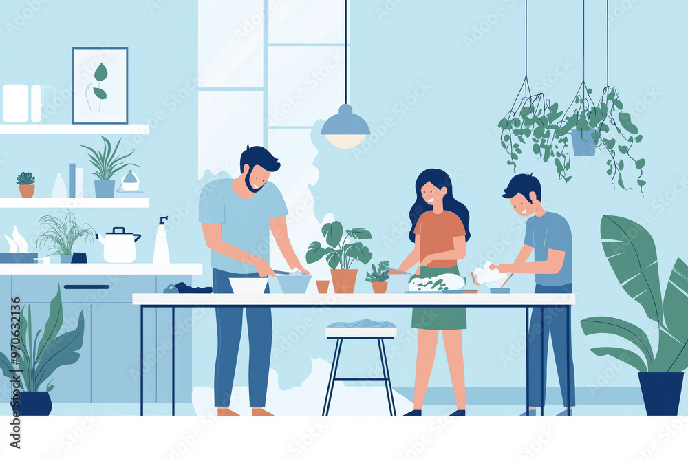 A family is cooking together in a kitchen with a potted plant on the table