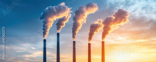 Classic silhouette of a coalpowered plant with massive smoke plumes rising from multiple chimneys, set against an overcast horizon photo