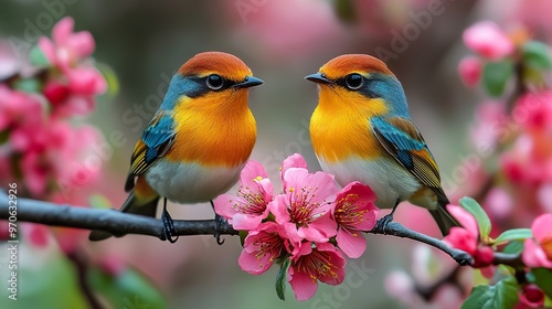 A couple Icterus galbula perching near a flower tree branch, colorful, blur background, spring theme