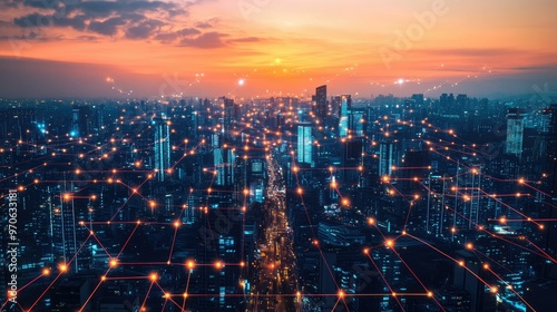 Wallpaper Mural Futuristic smart city network with connected digital nodes, illustrating advanced tech and seamless connectivity for efficient urban environments. Torontodigital.ca