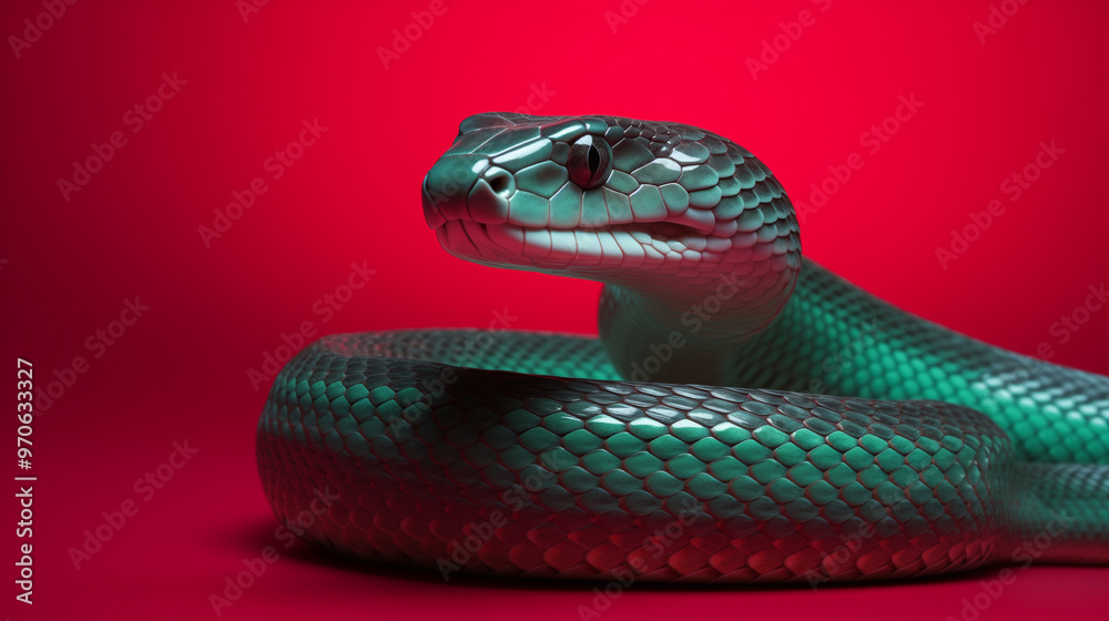 Fototapeta premium emerald snake on a red background