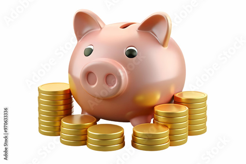 Flat Isolated Piggy Bank Surrounded by Gold Coins - Vector Illustration for Modern Savings and Wealth Accumulation Concept in Minimalist Style