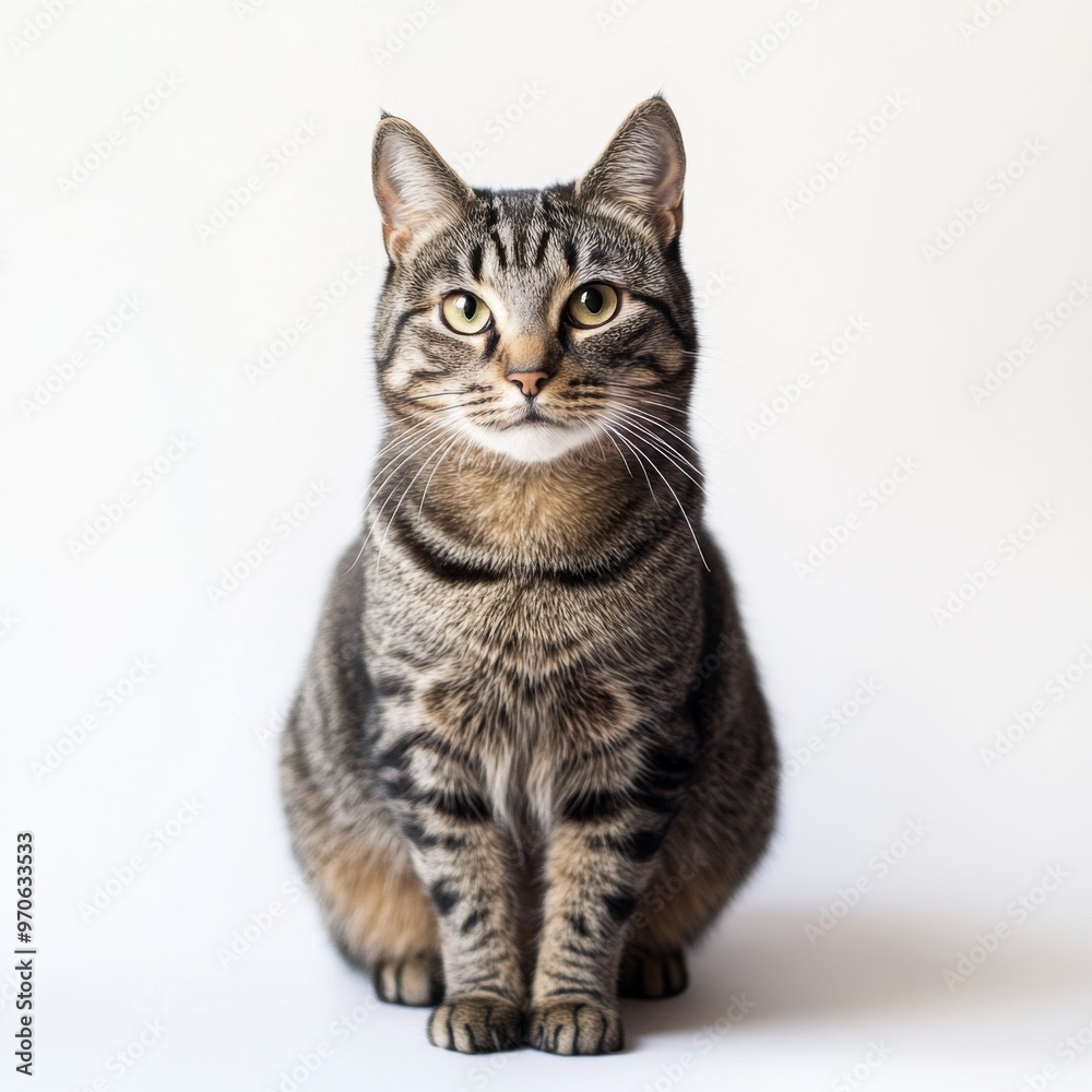 A tabby cat sits on a white background, looking directly at the camera with a serious expression. A tabby cat sits on a white background, looking directly at the camera with a serious expression.