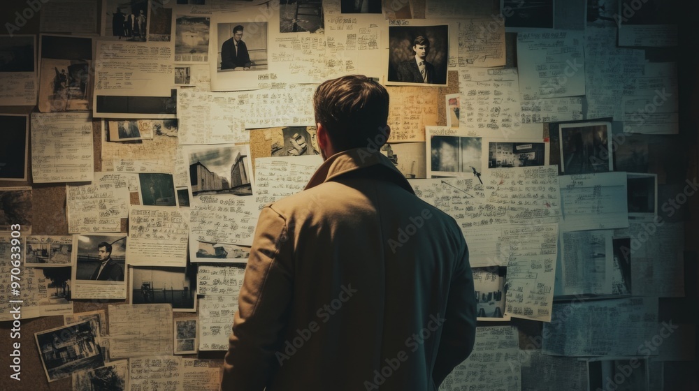 Detective analyzing crime information on investigation board, professional working in office Detective analyzing crime information on investigation board, professional working in office