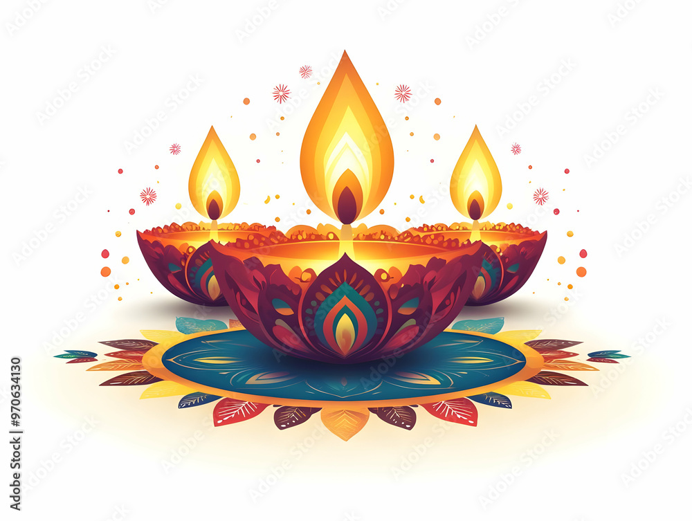 Flat Diwali Lantern and Diya with Floating Rangoli Elements - Abstract Vector Isolated on White Background Showcasing Cultural Beauty and Festive Artistry Flat Diwali Lantern and Diya with Floating Rangoli Elements - Abstract Vector Isolated on White Background Showcasing Cultural Beauty and Festive Artistry