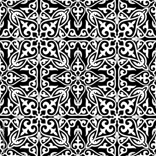 Vector monochrome seamless Kazakh national ornament. Kazakh, Mongolian, Kyrgyz, Kalmyk endless patterns. Yurt and clothing decoration. Print of the nomadic peoples of the great steppe. 