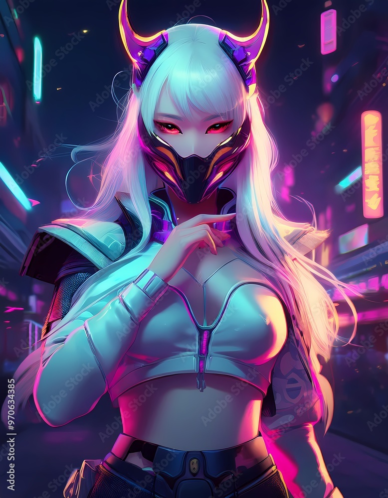 anime girl with with mask and horn wallpaper, blur background