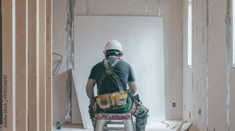 Construction Worker Sitting on a Stool in an Unfinished Room