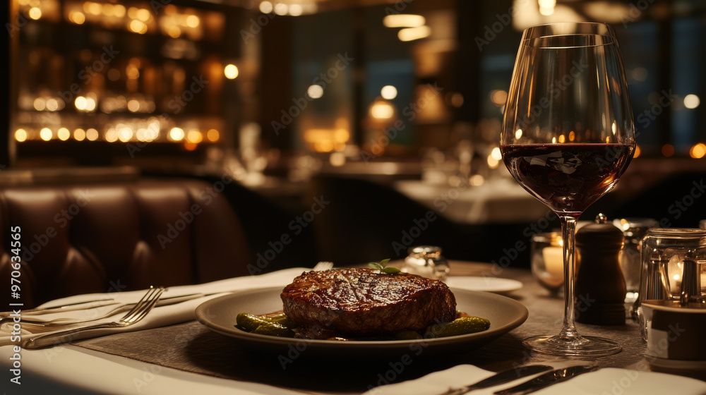 The scene shows a fancy restaurant with a delicious steak. You can almost feel the comfortable atmosphere and hear the lively chatter of the diners. The scene shows a fancy restaurant with a delicious steak. You can almost feel the comfortable atmosphere and hear the lively chatter of the diners.