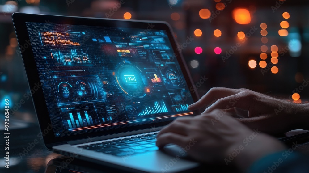 Fototapeta premium Hands on a laptop screen showcasing marketing automation software and technology for global campaign management.