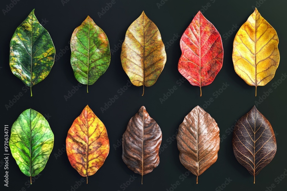 Obraz premium Seasonal changes in leaf color from green to red yellow and brown.