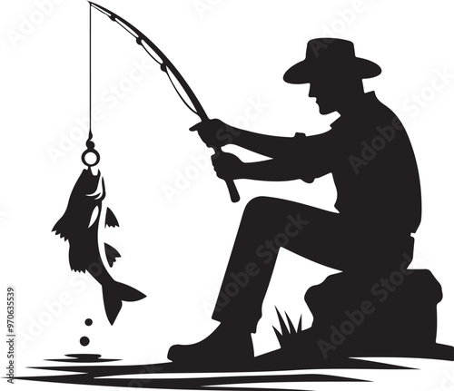 Iconic Fishing Scene: Fisherman with Fishing Tackle Silhouette. Fishing vector.