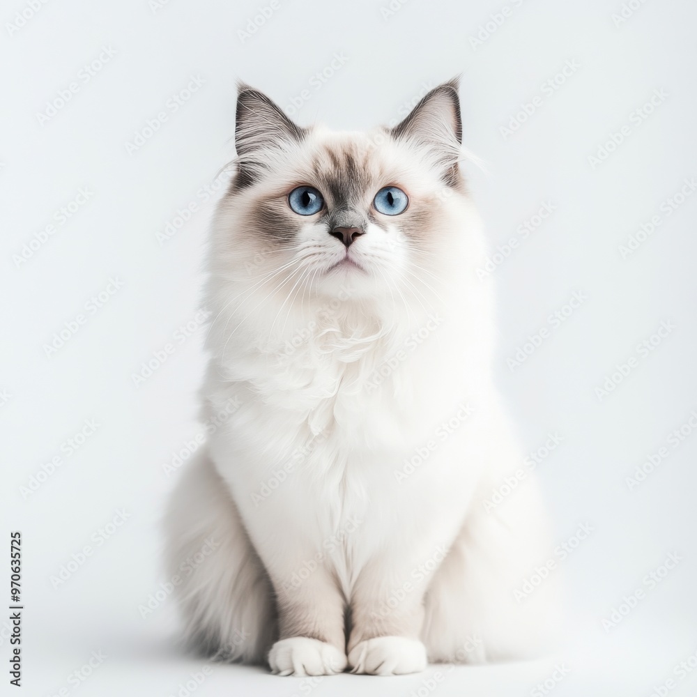 A white Ragdoll cat with blue eyes sits on a white background, looking up. A white Ragdoll cat with blue eyes sits on a white background, looking up.