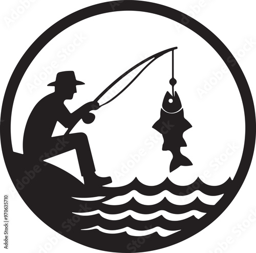 Iconic Fishing Scene: Fisherman with Fishing Tackle Silhouette. Fishing vector.