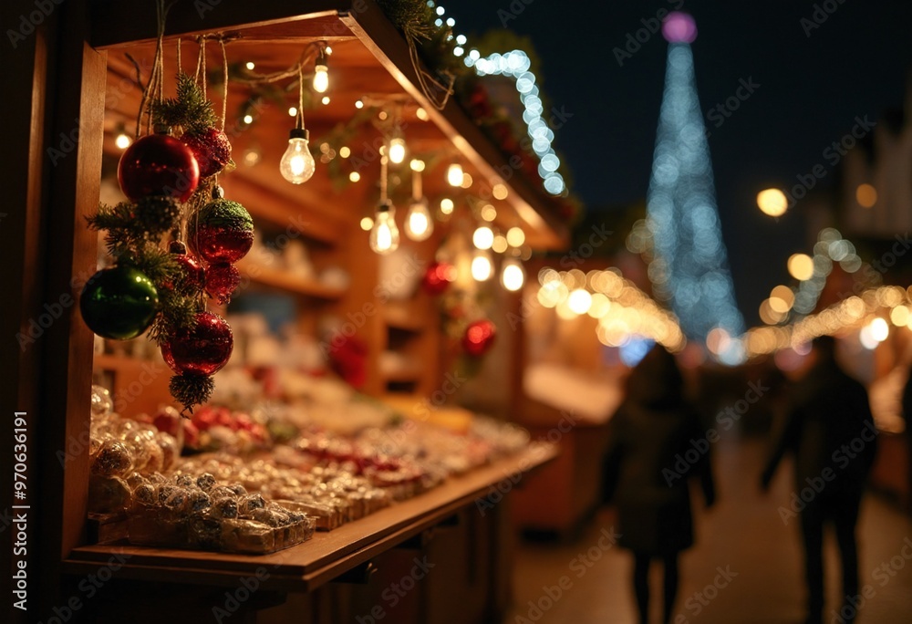 A Christmas market stall sparkles with ornaments and festive lights, brimming with holiday cheer A Christmas market stall sparkles with ornaments and festive lights, brimming with holiday cheer