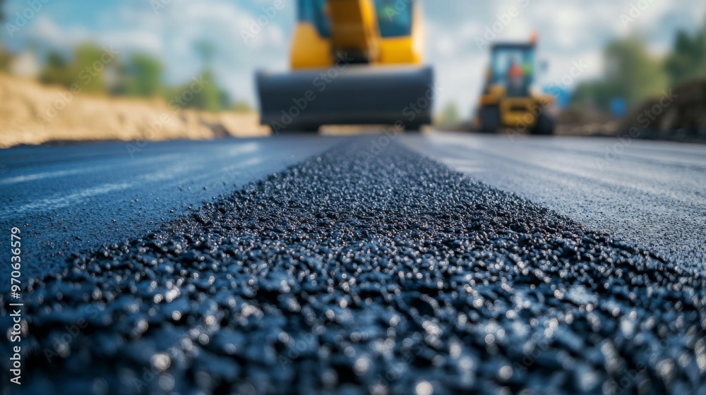 Obraz premium Freshly Laid Asphalt Road with Construction Equipment in the Background
