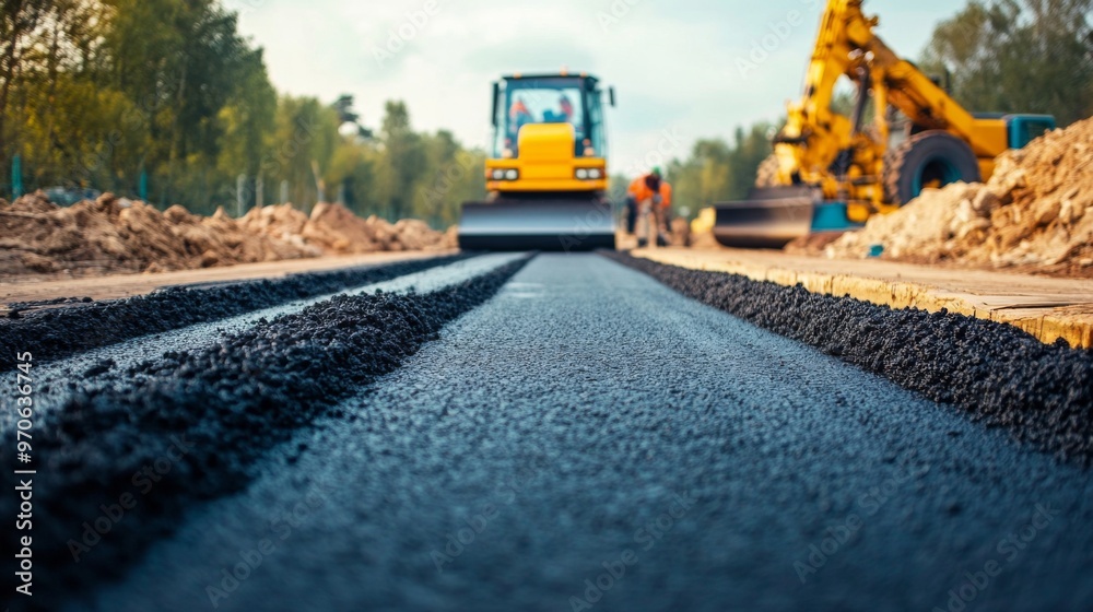 Freshly Laid Asphalt Road Surface with Machinery in Background Freshly Laid Asphalt Road Surface with Machinery in Background