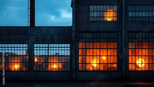 Silhouette of an old foundry with glowing furnaces visible through its windows, contrasted against a darkened sky photo