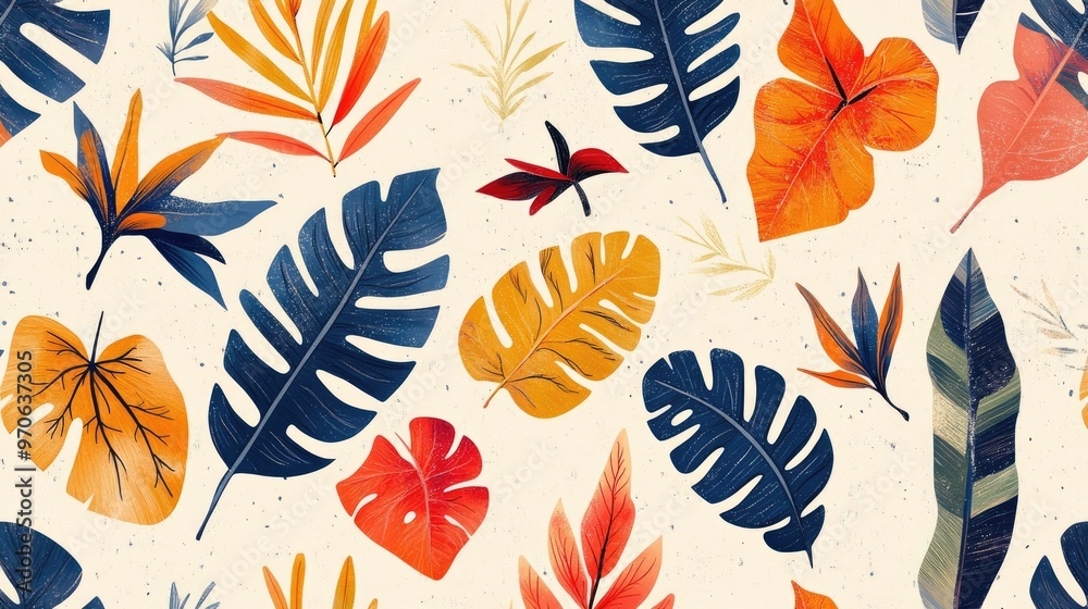 Tropical Leaves Seamless Pattern with Diverse Shapes and Colors on Light Background, Suitable for Textiles and Wallpapers Tropical Leaves Seamless Pattern with Diverse Shapes and Colors on Light Background, Suitable for Textiles and Wallpapers