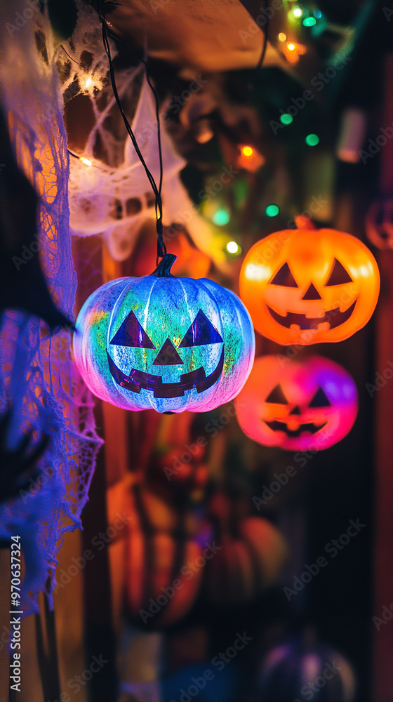 Naklejka premium Cozy LGBT Halloween Gathering with Festive Rainbow Decorations