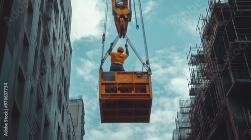 Construction Worker Hanging From Crane Above Buildings