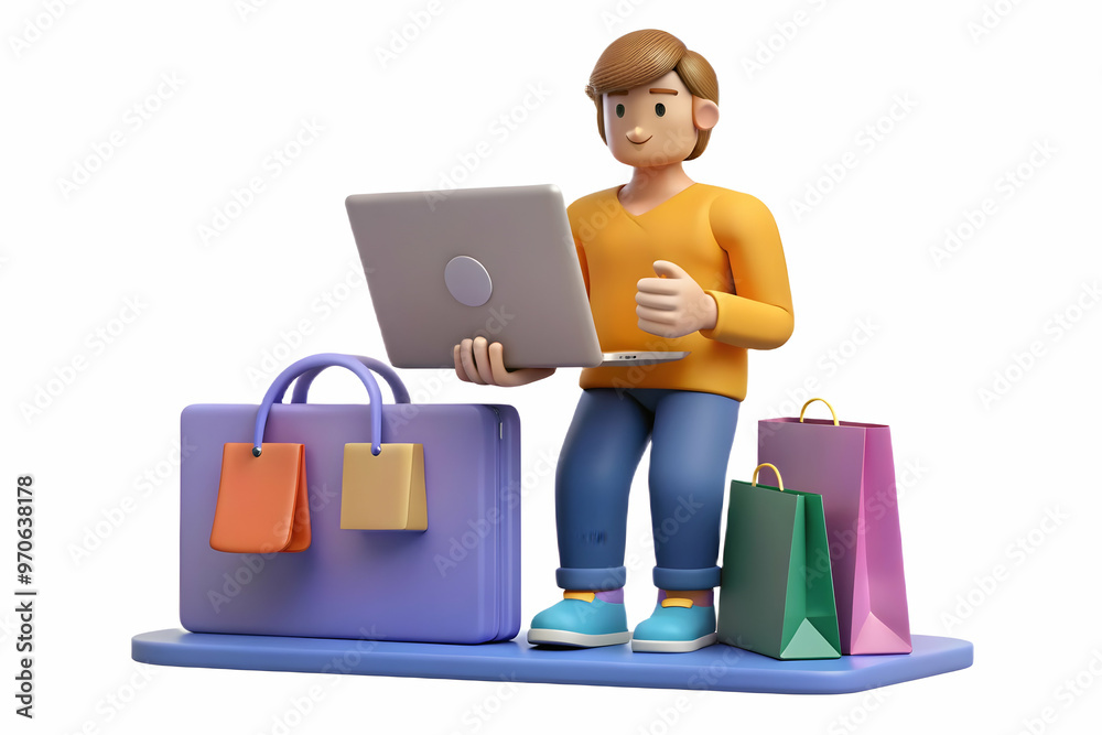 3D Icon of Candid Moment Online Shopping with Natural Expressions - Authentic Scene of Person Shopping Online, Saving and Spending - Laptop or Mobile Device Screen View - Isolated White Background 3D Icon of Candid Moment Online Shopping with Natural Expressions - Authentic Scene of Person Shopping Online, Saving and Spending - Laptop or Mobile Device Screen View - Isolated White Background