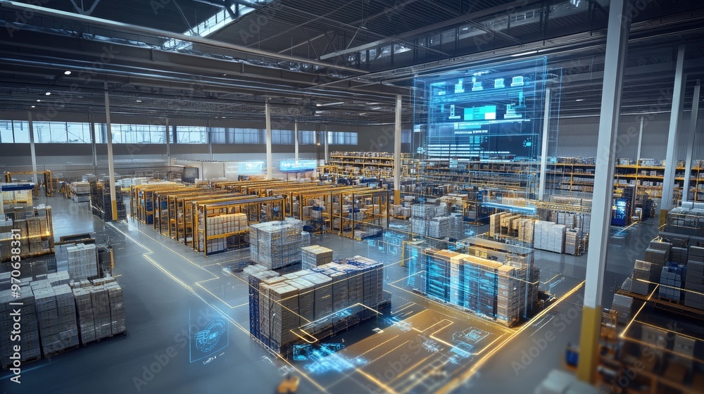 Automated warehouse with a robotic forklift moving boxes. Automated warehouse with a robotic forklift moving boxes.