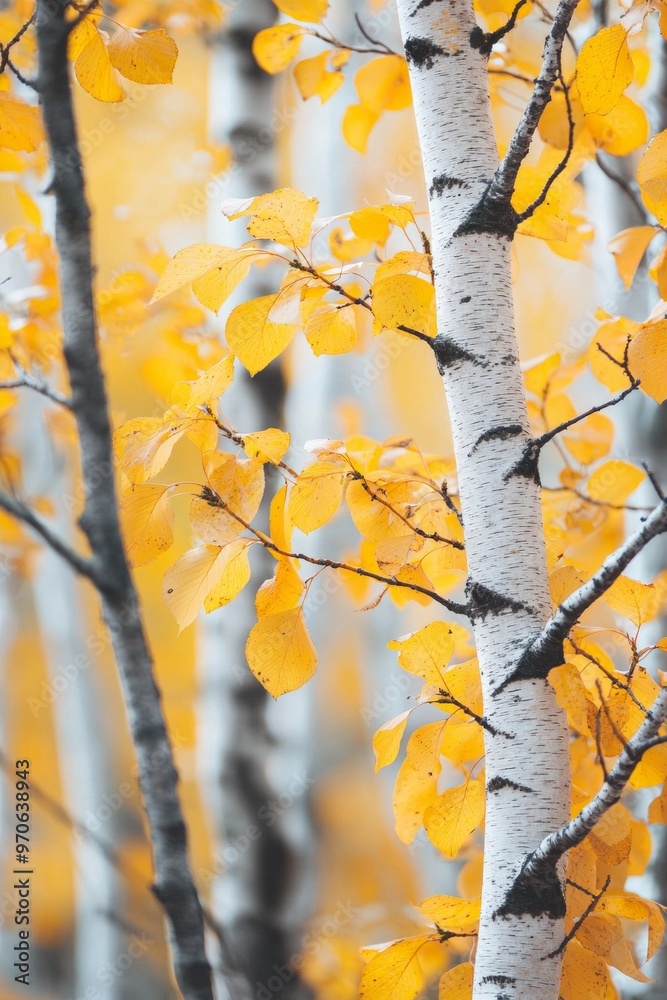 Minimalistic style, birch trees with yellow leaves Minimalistic style, birch trees with yellow leaves
