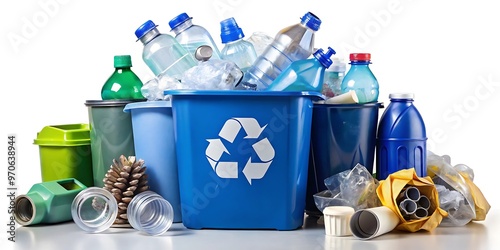 a collection of recyclable items including paper and plastic bottle