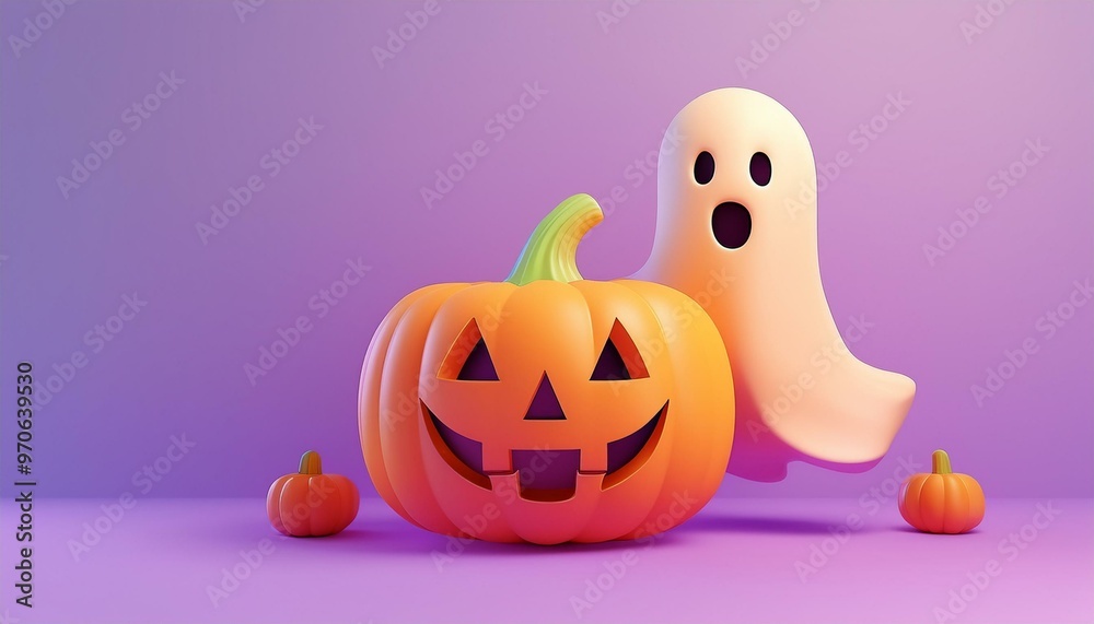A playful Halloween scene featuring a carved pumpkin and a cute ghost against a vibrant purple background. A playful Halloween scene featuring a carved pumpkin and a cute ghost against a vibrant purple background.