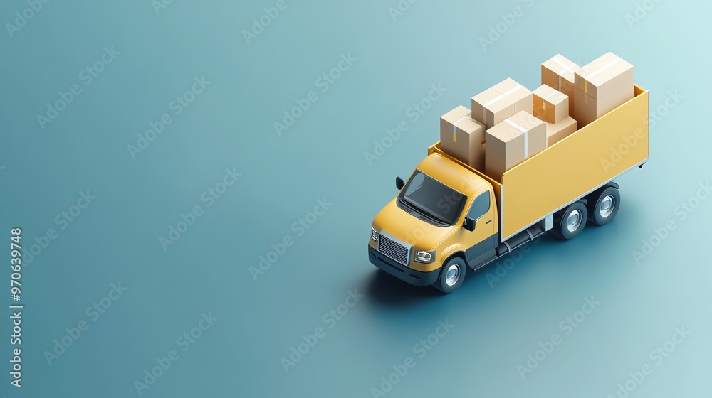 A vibrant yellow delivery truck loaded with cardboard boxes on a smooth teal background, symbolizing logistics and transportation.