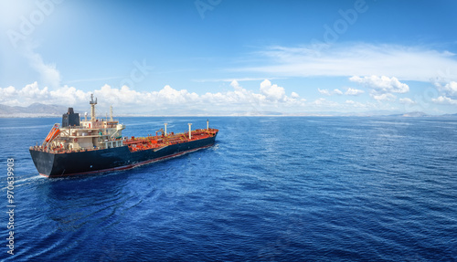 Fototapeta Naklejka Na Ścianę i Meble -  Aerial view of a crude oil or chemical goods tanker ship traveling over the ocean with copy space
