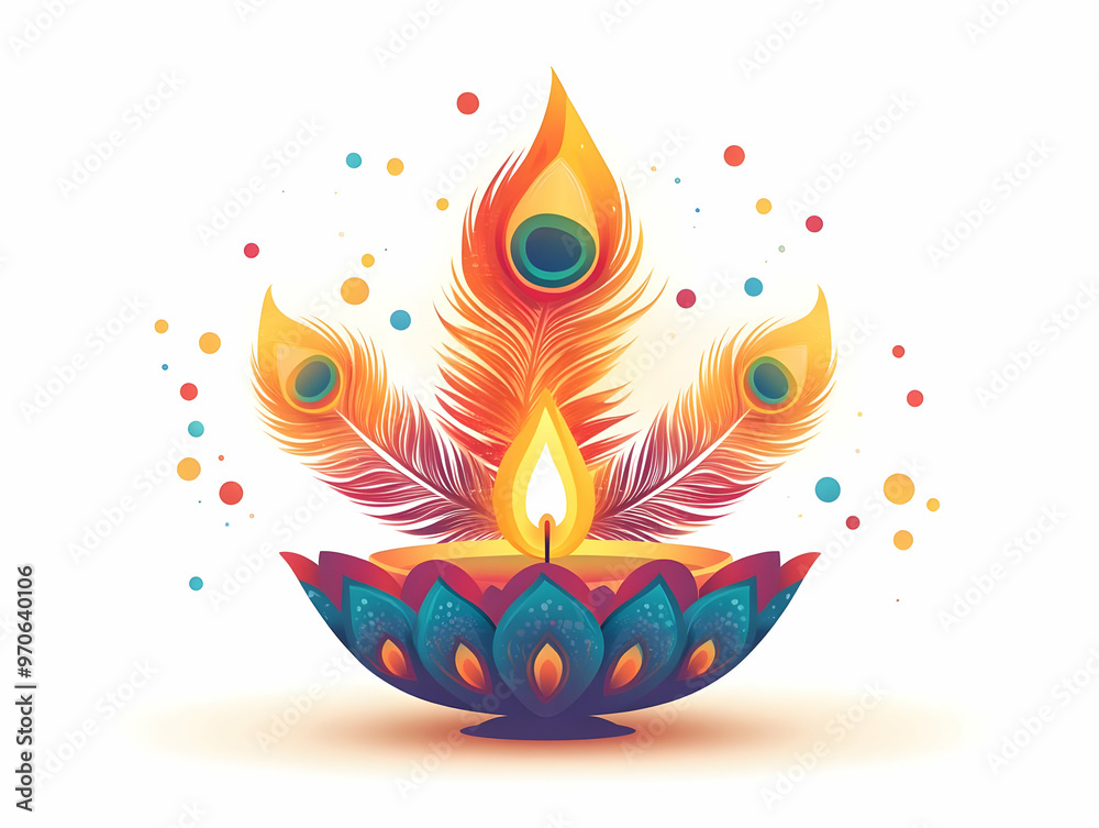 Obraz premium Elegant Flat Vector Illustration of a Diwali Lantern and Peacock Feather with Glowing Highlights Isolated on White Background - Celebrating Cultural Significance