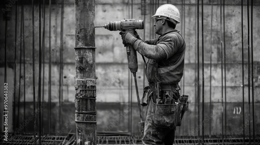 Fototapeta premium Construction Worker Drilling a Metal Post with a Power Drill