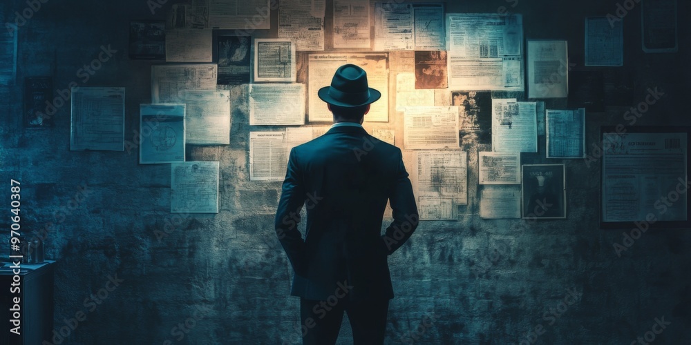 A Mysterious Investigator is Focused on Analyzing Clues Affixed to a Wall of Evidence and Leads A Mysterious Investigator is Focused on Analyzing Clues Affixed to a Wall of Evidence and Leads