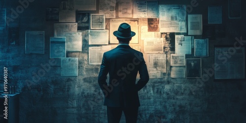A Mysterious Investigator is Focused on Analyzing Clues Affixed to a Wall of Evidence and Leads