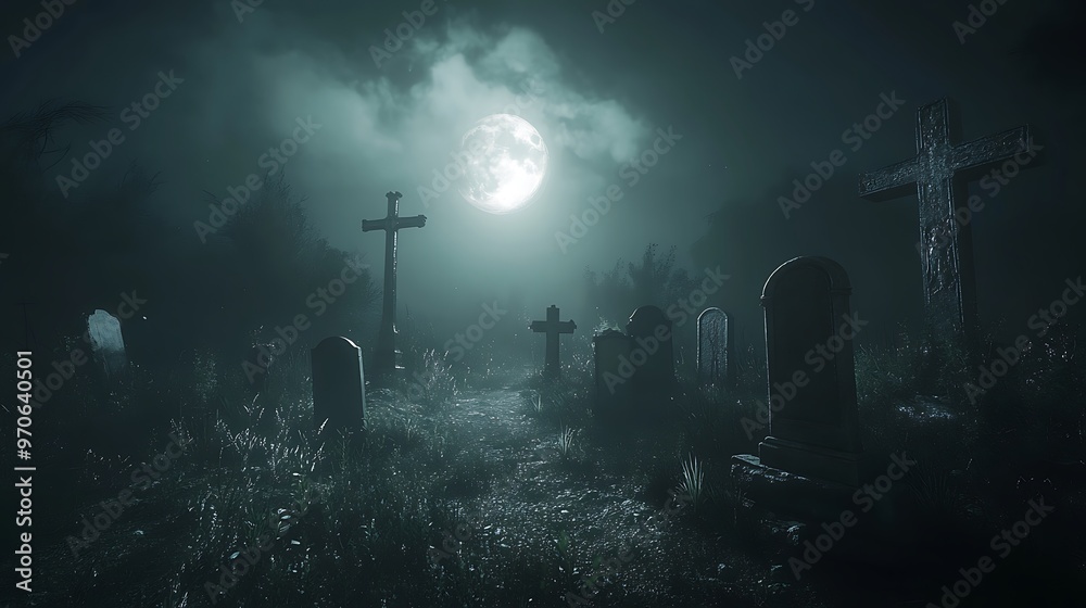 Fototapeta premium Mysterious Graveyard under a Full Moon with Eerie Fog Creating a Haunting Atmosphere