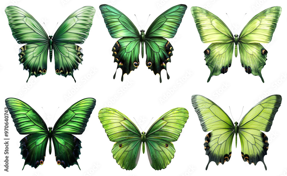 Fototapeta premium Green and yellow butterflies collection isolated on transparent background