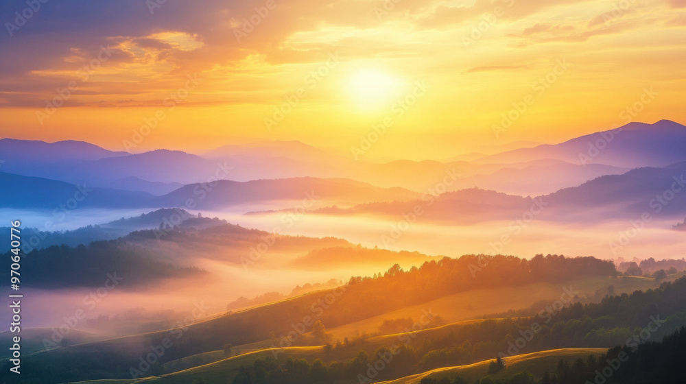 Obraz premium Breathtaking sunrise breaking through morning fog over rolling hills, creating serene and tranquil landscape. soft hues of orange and purple evoke sense of peace and beauty