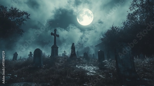 Mysterious Graveyard under a Full Moon with Eerie Fog Creating a Haunting Atmosphere