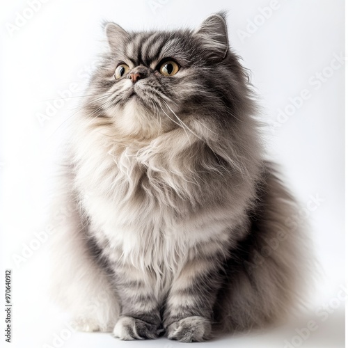 A fluffy grey and white cat with yellow eyes looking up.