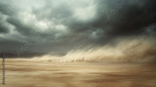 A windstorm is blowing sand across vast desert landscape, creating dramatic scene with dark clouds looming overhead. powerful forces of nature evoke sense of awe and intensity